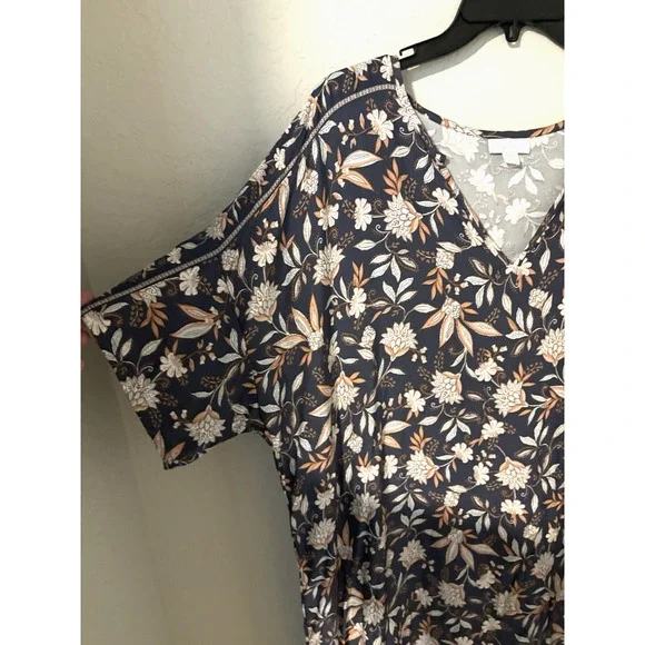 J. Jill Pure Jill Gray & Blush Pink Floral V-Neck Short Sleeve Shift Dress XL - Picture 2 of 5